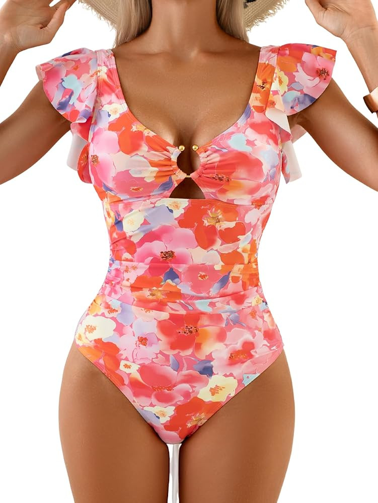Eomenie Womens Ruffled One Piece Swimsuit Slimming Tummy Control Bathing Suit V-Neck Cutout Swimw... | Amazon (US)