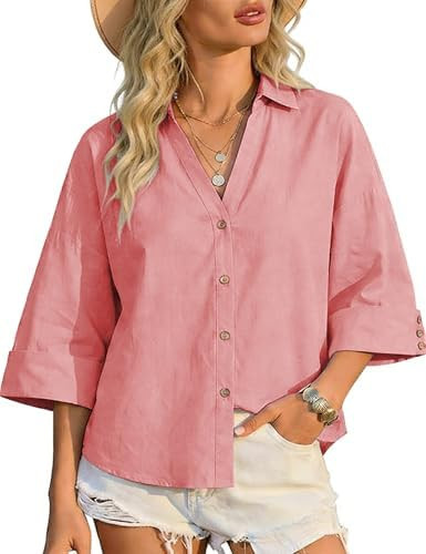 Watashi Women Button Down Shirt Casual Loose Fit Wide 3/4 Sleeve Poplin Shirts Collared Office Wo... | Amazon (US)