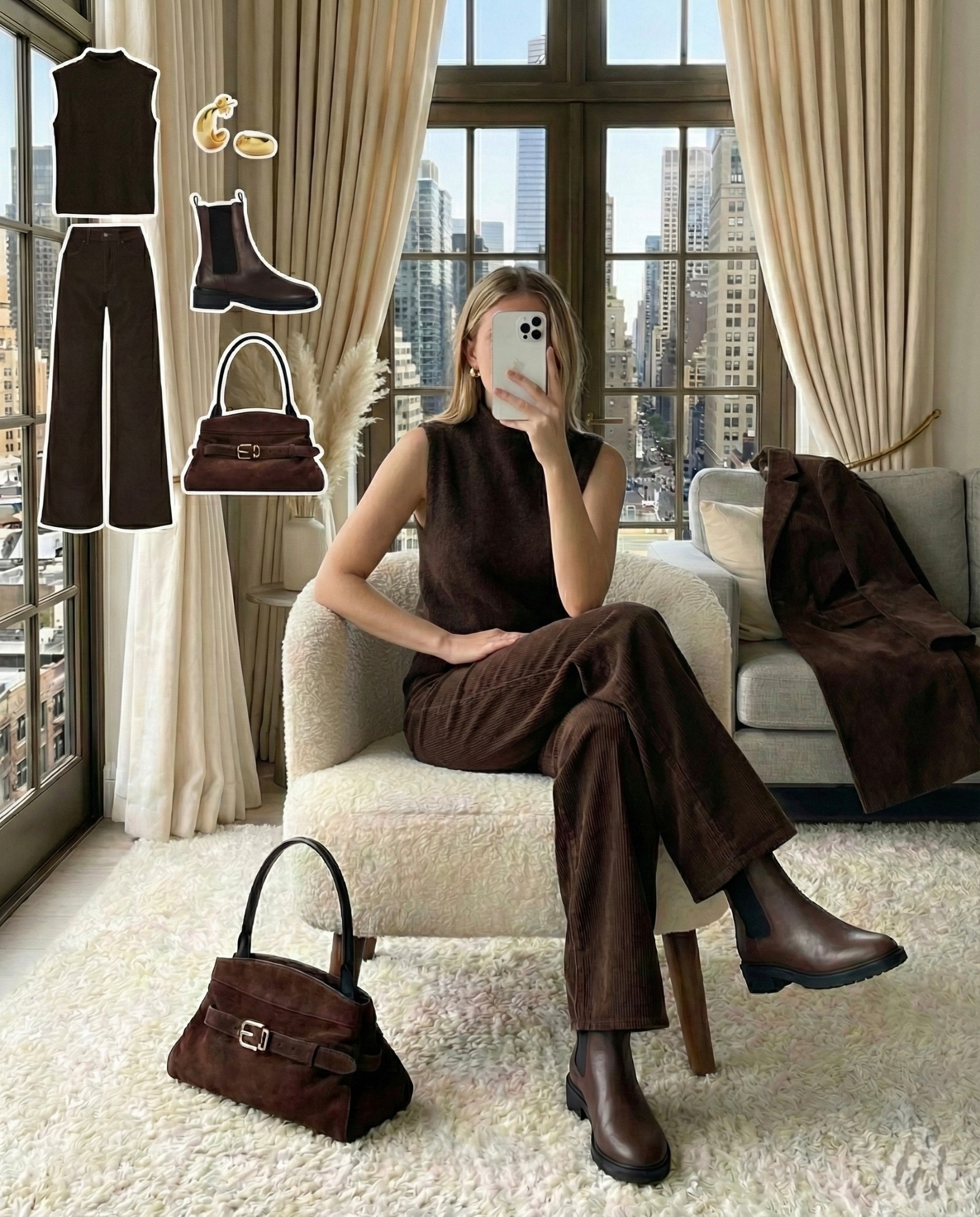 ✨ Deep Chocolate Monochrome ✨

An ultra sleek tonal moment built entirely around rich cocoa shades. The sleeveless knit and corduroy trousers create a soft yet structured silhouette that feels effortless and refined.

Grounded with sturdy Chelsea boots and finished with a suede buckle bag for the perfect blend of texture and depth. Minimal gold accents keep everything polished without taking away from the monochrome story.

🤎 Style Notes:
• Sleeveless knit top for a clean, modern base
• Wide leg corduroy trousers for subtle texture
• Chocolate Chelsea boots for everyday edge
• Suede buckle bag to elevate the tonal palette
• Gold earrings for a warm, understated finish

Everything linked and ready to shop ✨

#LTKootd #LTKSeasonal #LTKgrwm