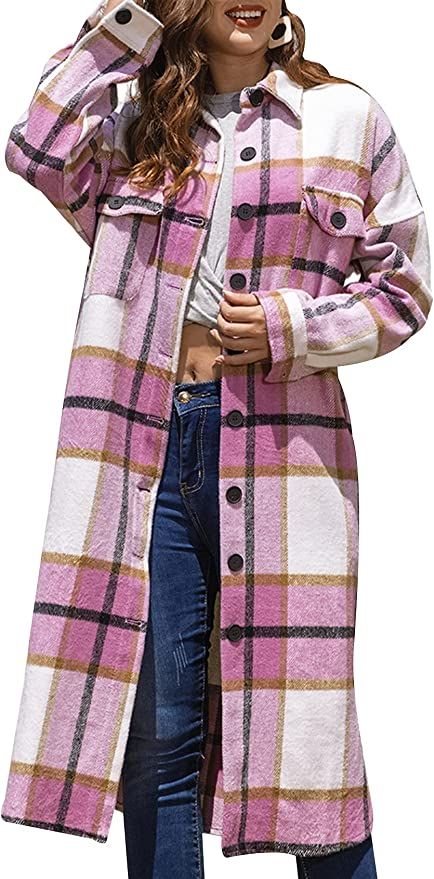 Arssm Long Plaid Shirts Jacket for Women Casual Lapel Button Down Flannel Shacket with Pockets | Amazon (US)