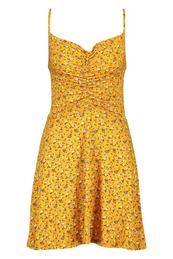 Ditsy Floral Ruched Front Strappy Skater Dress | Boohoo.com (US & CA)