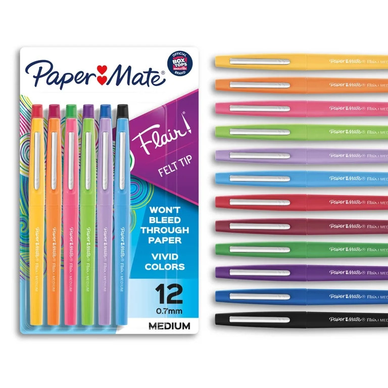 Paper Mate Flair Felt Tip Pens, Medium Point (0.7mm), Assorted Colors, 12 Count | Walmart (US)