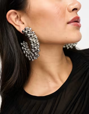 ASOS DESIGN 75mm hoop earrings with multi ball design in silver tone | ASOS (Global)