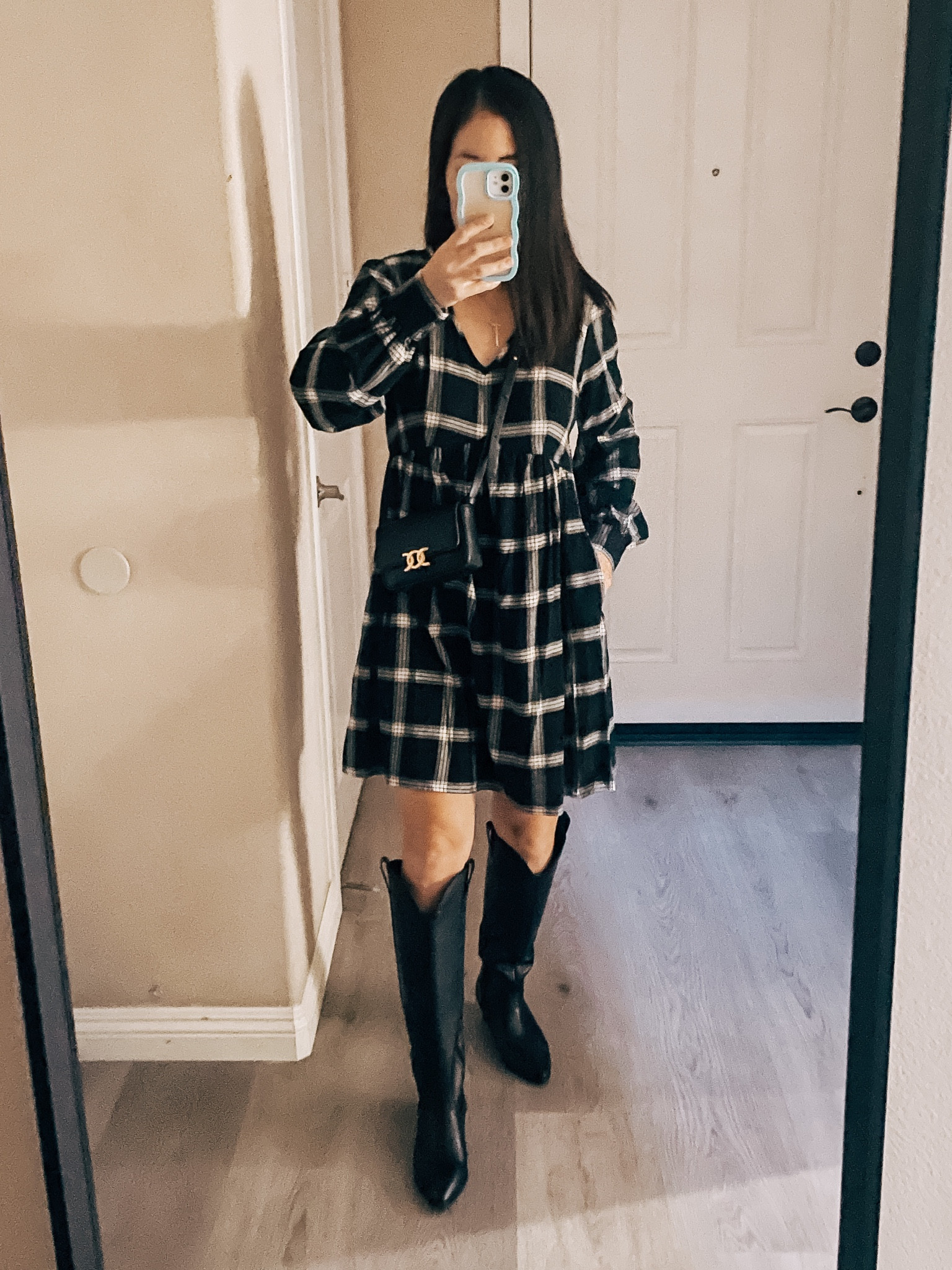 plaid shirt dress with knee high boots Sugar And Slopes Plaid Shift Dress  Impressions Online Boutique