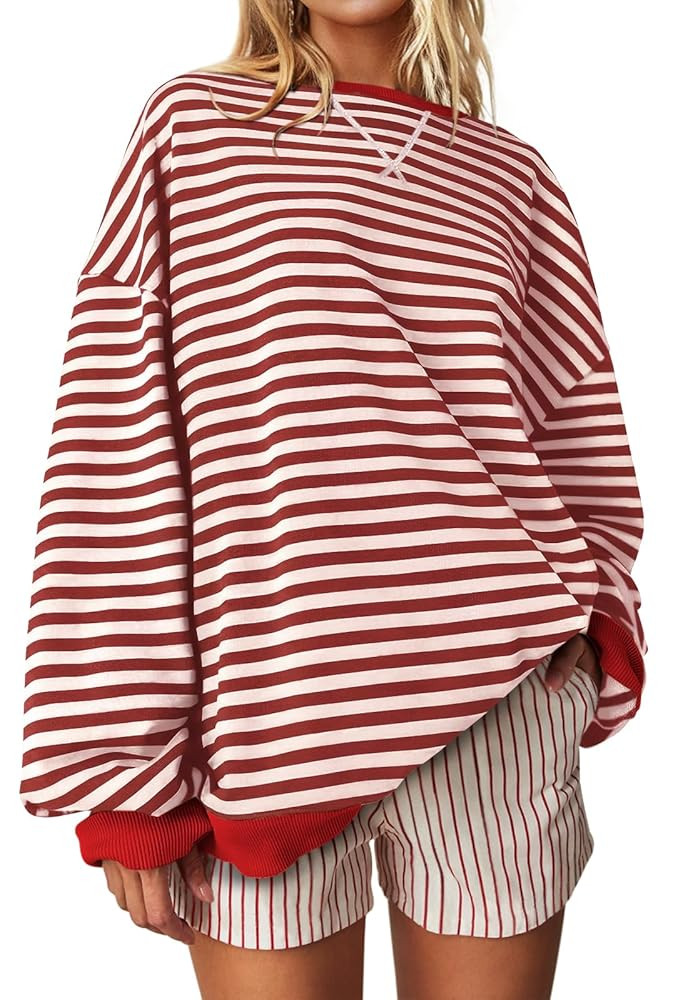 UEU Women Oversized Striped Crewneck Sweatshirt Long Sleeve Color Block Pullover Tops Casual Loos... | Amazon (US)