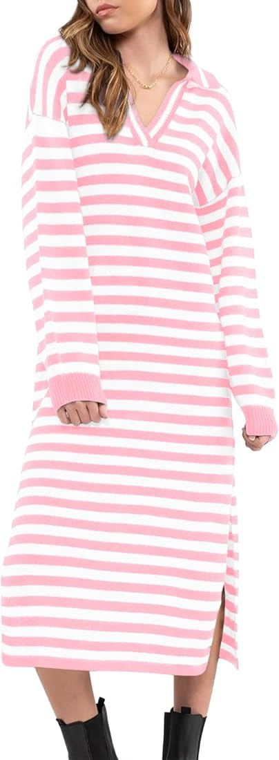 Yousify Sweater Dress for Women Long Sleeve Striped Color Block V Neck Casual Fall Dresses XS-XL | Amazon (US)