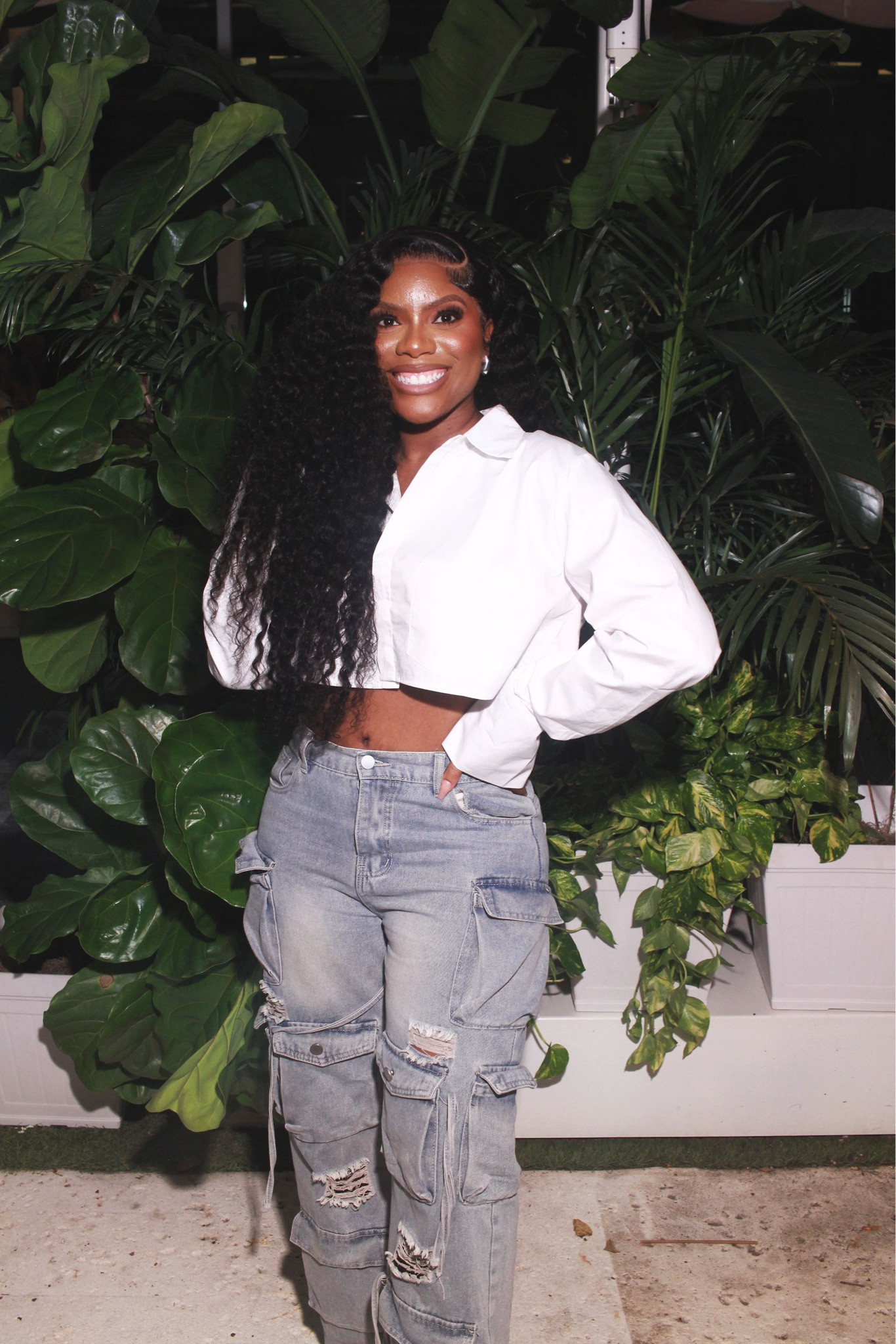 white button long sleeve crop top