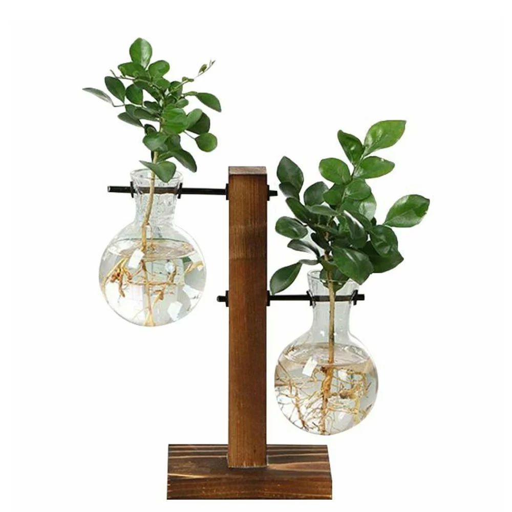 Hydroponic Plant Vases Vintage Flower Pot Transparent Vase Wooden Frame Glass Tabletop Plants Hom... | Walmart (US)