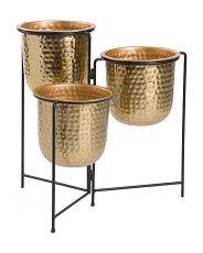 Set Of 3 Hammered Metal Planters On Stand | TJ Maxx