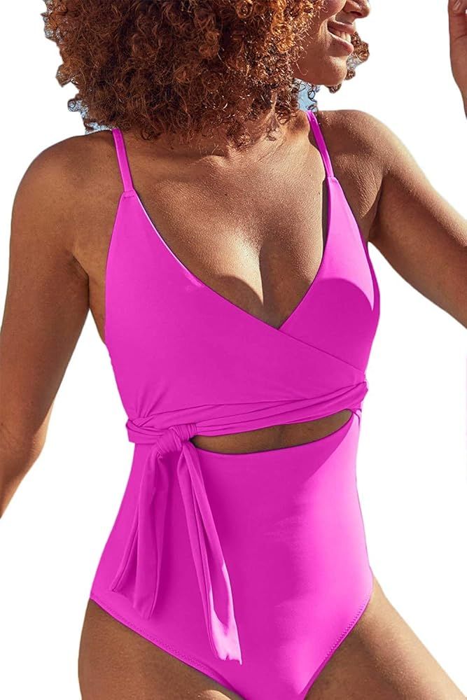 ESONLAR Women's Plunge V Neck Wrap Tie Belted Cutout One Piece Swimsuits | Amazon (US)