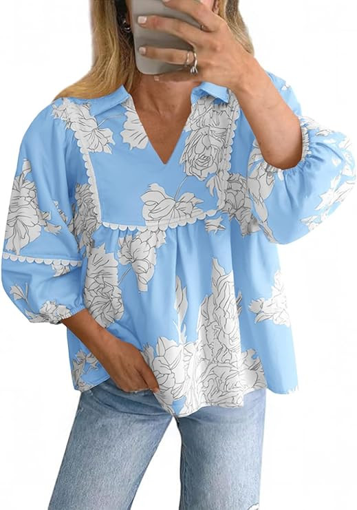 Tankaneo Womens Floral Peplum Babydoll Tops 3/4 Puff Sleeve Pleated Blouse Cute Casual V Neck Loo... | Amazon (US)