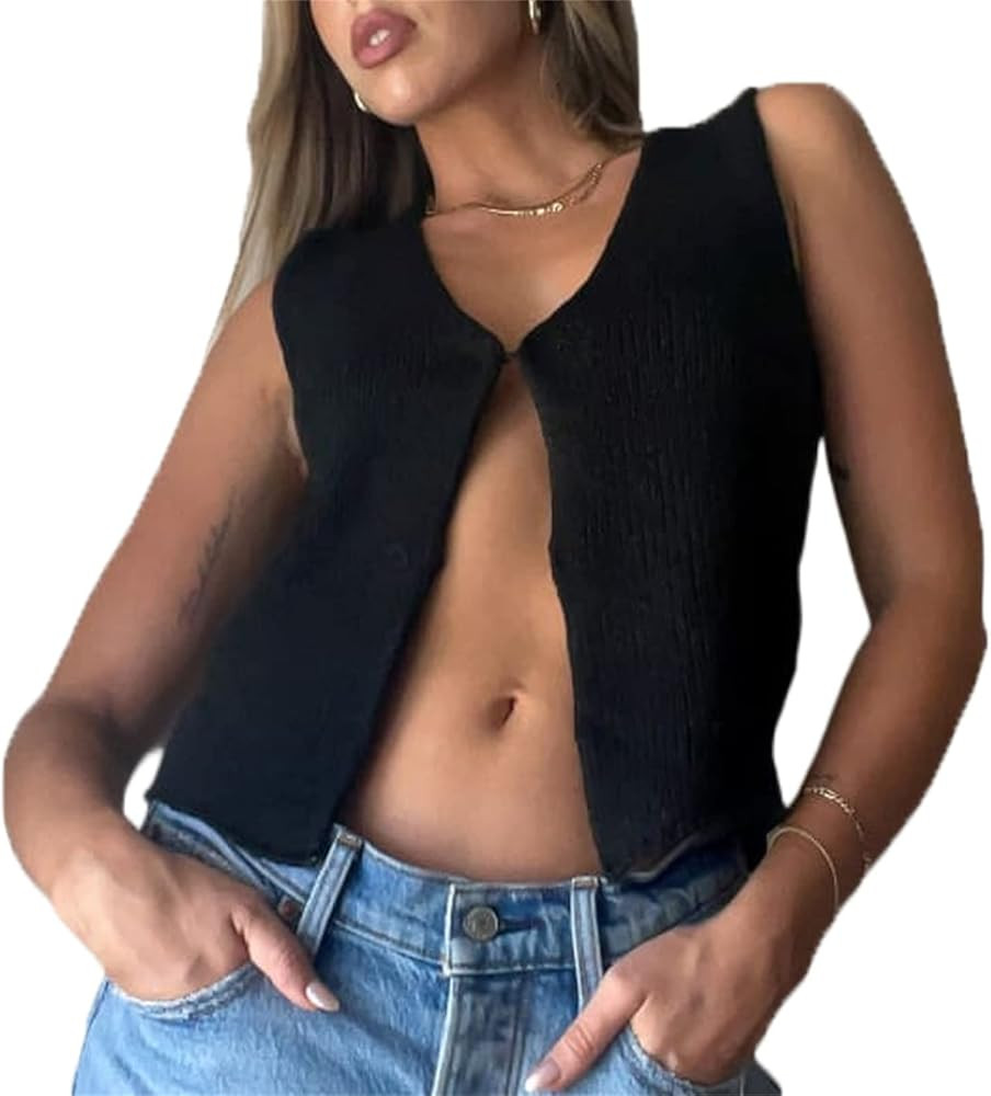 Women Crochet Vest Top Y2k Knit V Neck Sleeveless Button Down Vintage Casual Streetwear | Amazon (US)