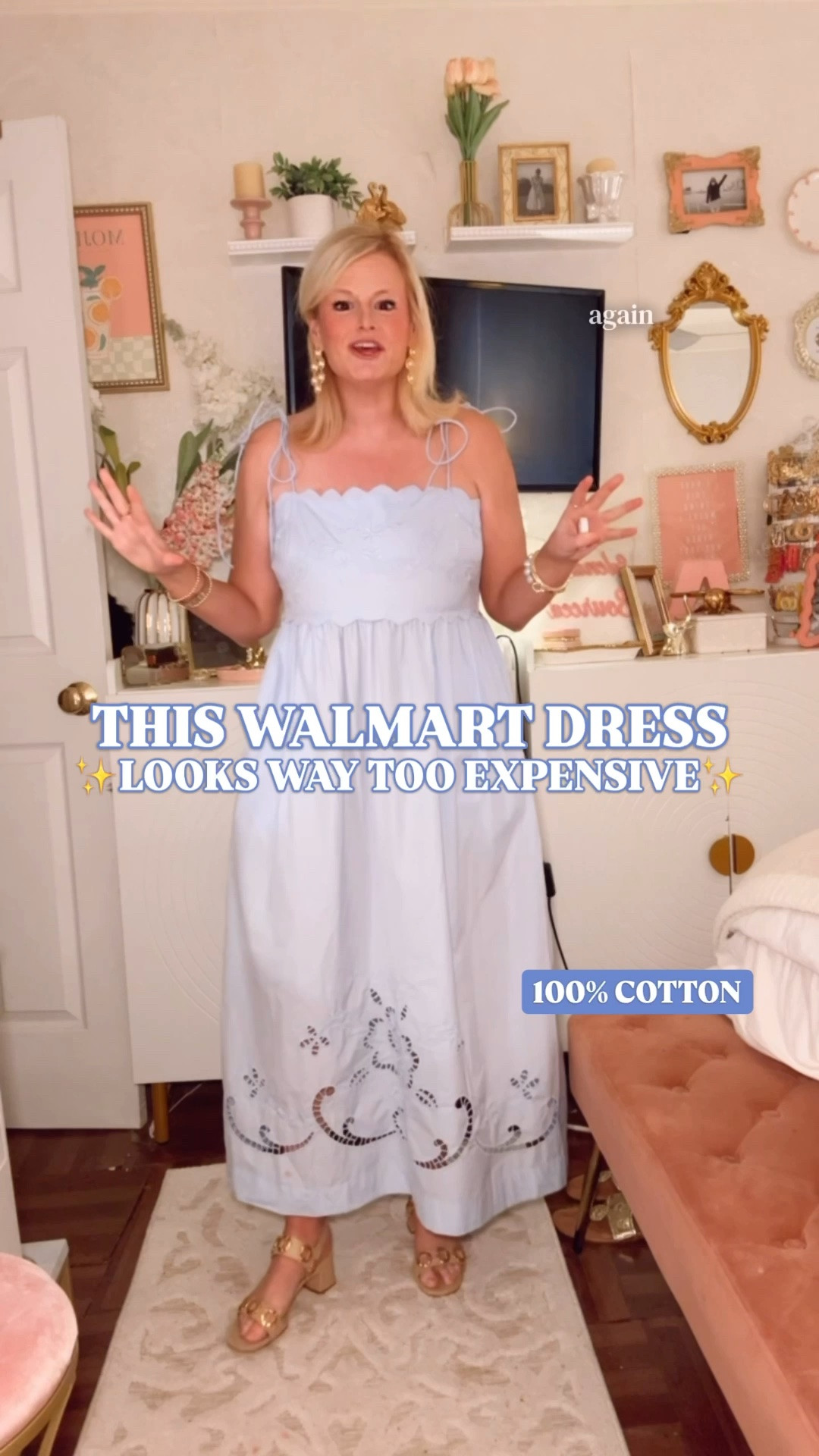 Walmart summer dress, Free Assembly dress, 100% cotton midi dress, embroidered dress women, blue midi dress, wedding guest dress, vacation dress women, resort dress, feminine summer dress, designer look for less

This Walmart dress looks like it wandered out of a much pricier designer summer collection.

The pale blue cotton. The scalloped neckline. The tie straps. The embroidered bodice. The cutwork hem. The whole thing has that soft, romantic, expensive summer dress energy women usually pay a lot more for.

It is 100% cotton, lightweight, feminine, and easy in the prettiest way. The kind of dress you pack for a beach trip, wear to a summer dinner, bring on vacation, or pull out for a bridal shower, baby shower, brunch, garden party, resort dinner, church, or casual wedding weekend event.

The details are what make it feel special: embroidered front, delicate openwork at the hem, adjustable tie straps, smocked back, side pockets, and that breezy midi length. 

Fit note: I sized up to a large for extra room through the chest. True to size everywhere else.

If you are searching for a Walmart dress that does not look like Walmart, a 100% cotton summer dress, embroidered midi dress, pale blue vacation dress, wedding guest dress, resort wear dress, feminine summer dress, coastal style dress, or designer look for less, this one is a great find on a budget. 

Walmart dress, Free Assembly dress, embroidered cotton midi dress, blue midi dress, 100 cotton dress, summer dress women, vacation dress, resort dress, wedding guest dress, bridal shower dress, baby shower dress, coastal style, feminine style, designer look for less, Walmart fashion finds

#LTKFindsUnder100 #WalmartStyle #SummerDress #WeddingGuestDress #VacationDress #LookForLess #LTKFindsUnder50

#LTKSeasonal #LTKWedding #LTKootd