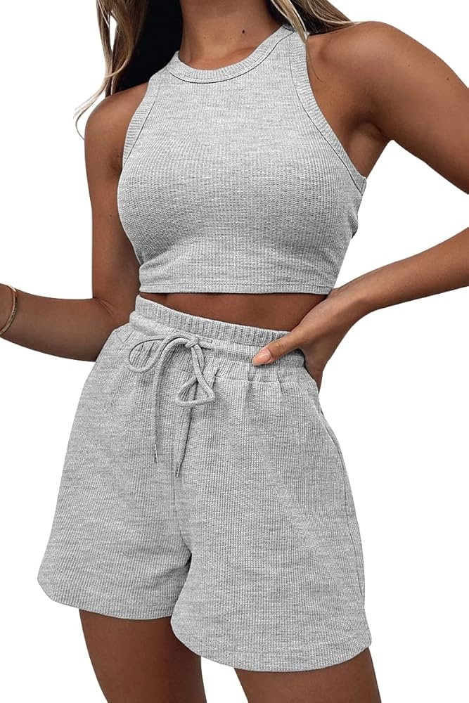 AUTOMET Women's 2 Piece Outfits Lounge Sets Sweatsuits Sleeveless Waffle Crop Top And Drawstring ... | Amazon (US)