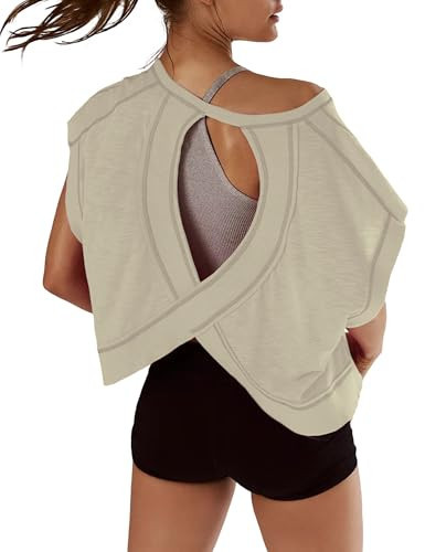 Kumufenc Womens Oversized Tshirts Open Back Batwing Sleeve Gym Shirts Boat Neck Slouchy Tees Workout Athletic Top(Light-Brown,S) | Amazon (US)