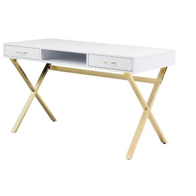 HomeRoots 47" White and Gold Wood and Metal Computer Desk With Two Drawers | Target