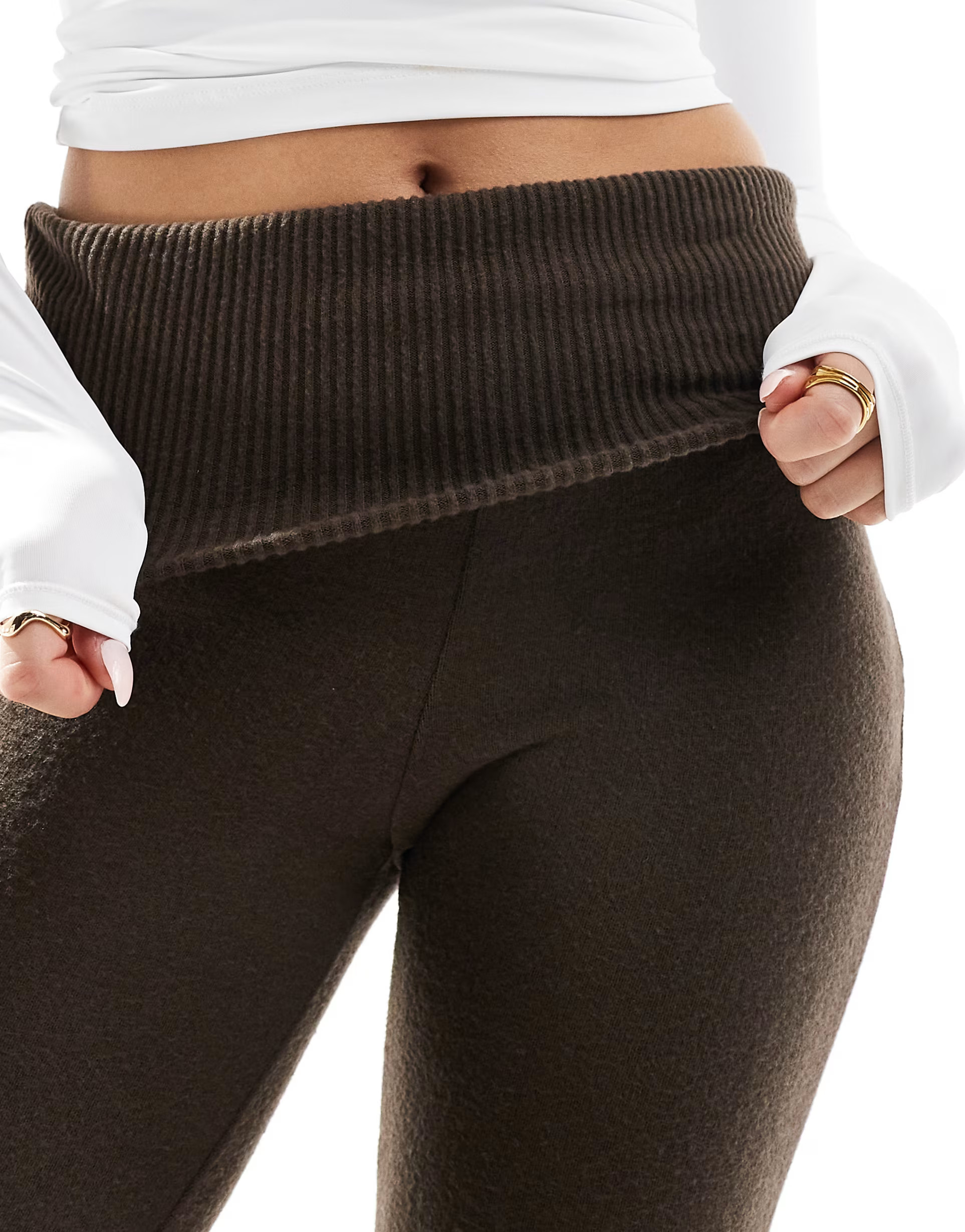 Bershka fold over waistband flared trousers in brown | ASOS (Global)