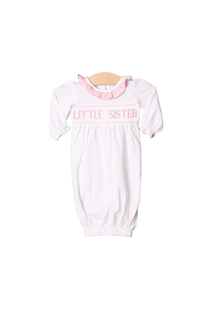 Smocked Little Sister Pink Bitty Dot Gown | The Smocked Flamingo