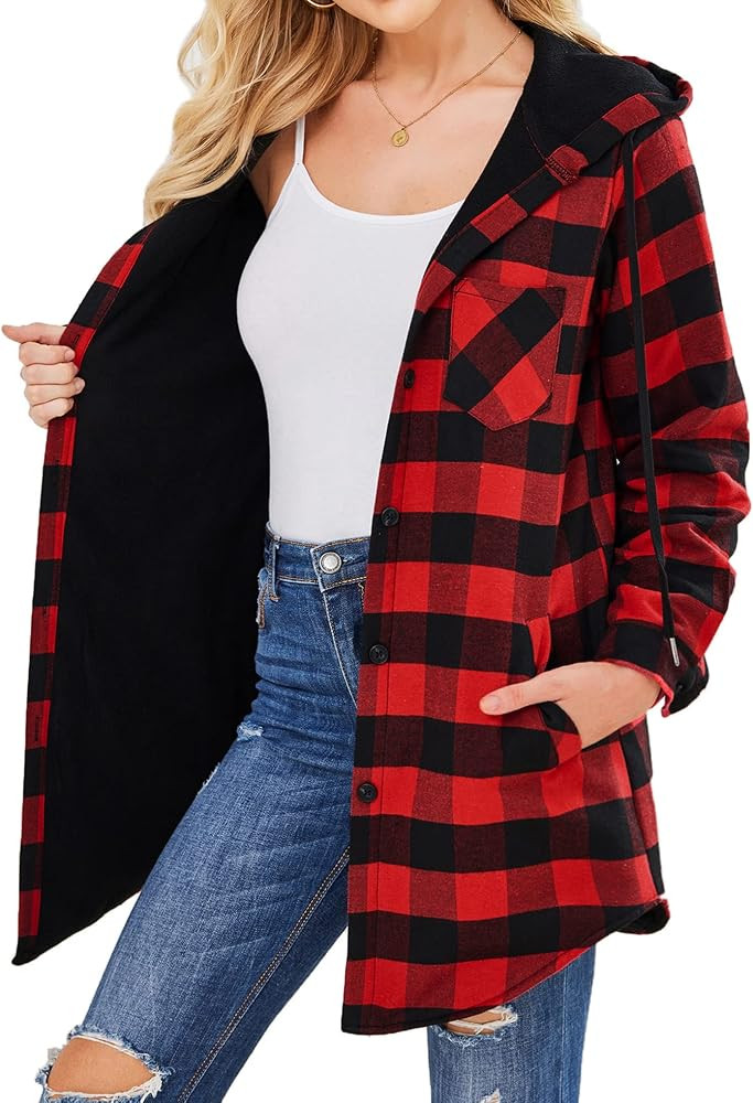 HOTOUCH Womens Fleece Lined Plaid Shacket Jacket Hoodies Flannel Button Down Boyfriend Shirts Win... | Amazon (US)