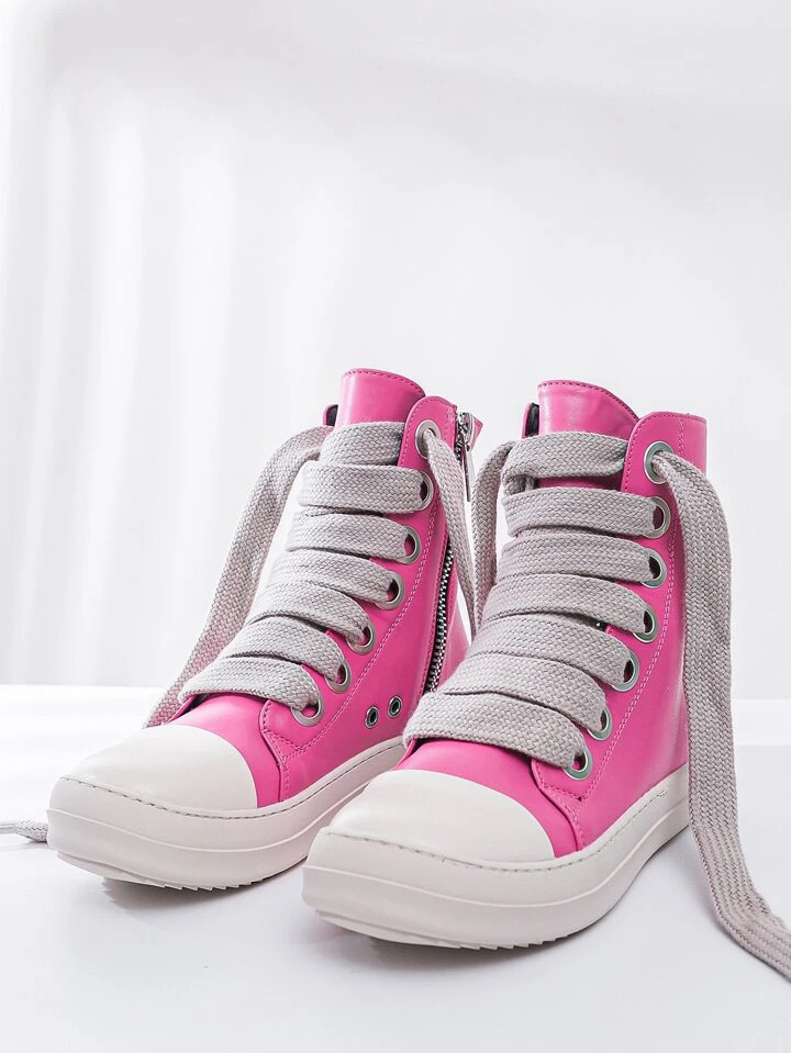 2023 New Style Pink High-top Flat Casual Sports Shoes With Thick Shoelaces And Large Eyelets, Uni... | SHEIN