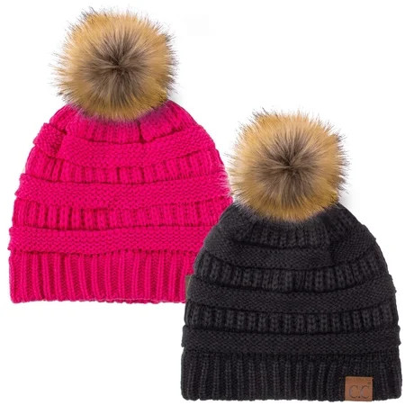 C.C Hat-43 Thick Warm Cap Hat Skully Faux Fur Pom Pom Cable Knit Beanie 2 Pack Black/Neon Hot Pink | Walmart (US)