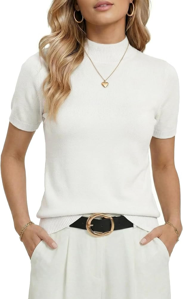 Womens Short Sleeve Sweater Mock Neck Knit Business Casual Tops | Amazon (US)
