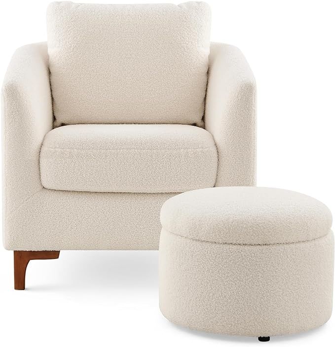 COLAMY Sherpa Accent Chair with Storage Ottoman Set, Cream, Modern Living Room Chair with Back Pi... | Amazon (US)