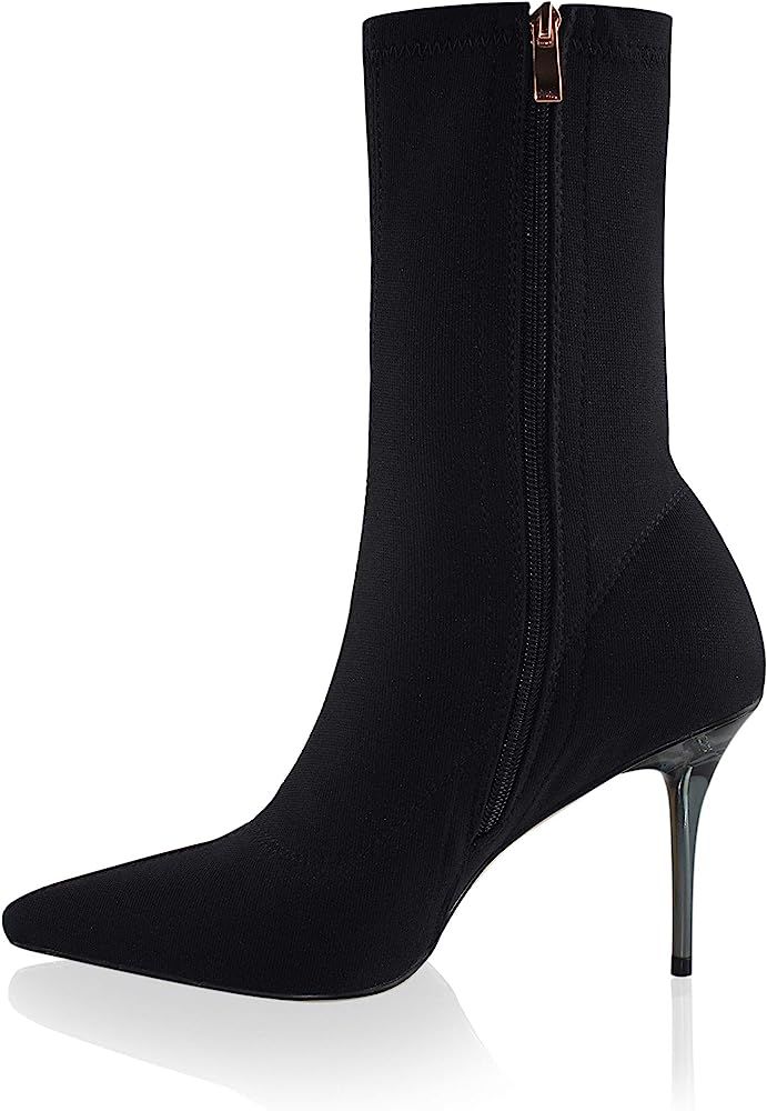 Stretch Pointed Toe Sock Booties Mid-Calf Ankle Boot Stiletto Heel Boots for Women | Amazon (US)