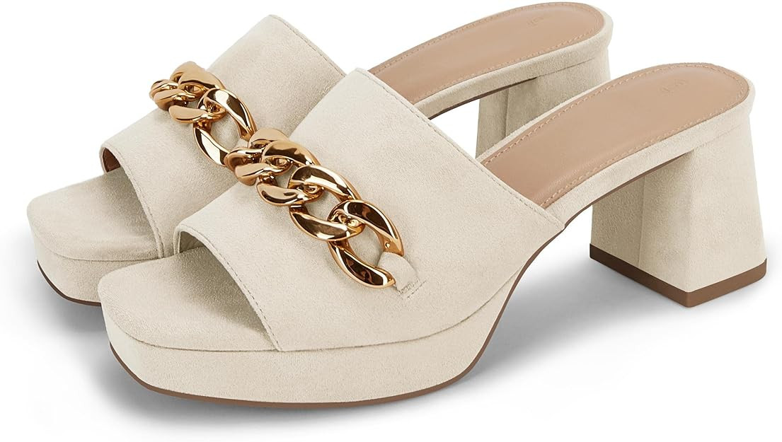 Coutgo Women's Square Open Toe Chain Mule Heels Chunky Block Low Heel Slip On Suede Platform Wedg... | Amazon (US)