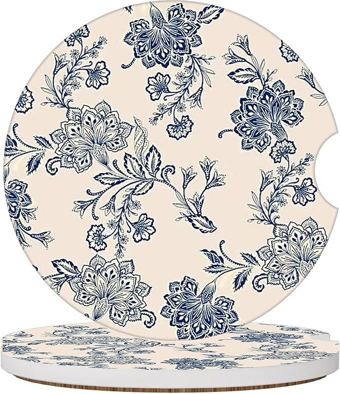2 Pcs Car Cup Coasters Retro Vintage Blue Flower Cute Absorbent Ceramic Car Coasters for Cup Hold... | Amazon (US)