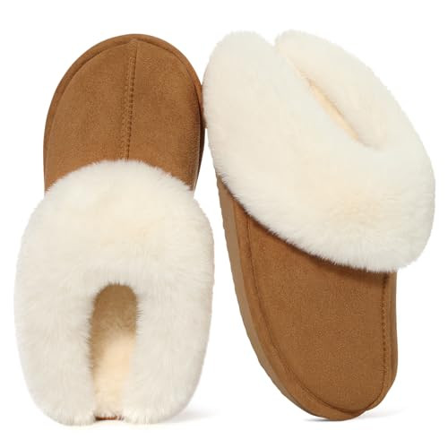 Litfun Fuzzy House Slippers for Women Fluffy Memory Foam Suede Slippers with Faux Fur Collar Indoor Outdoor, Brown, Size 8.5-9 | Amazon (US)