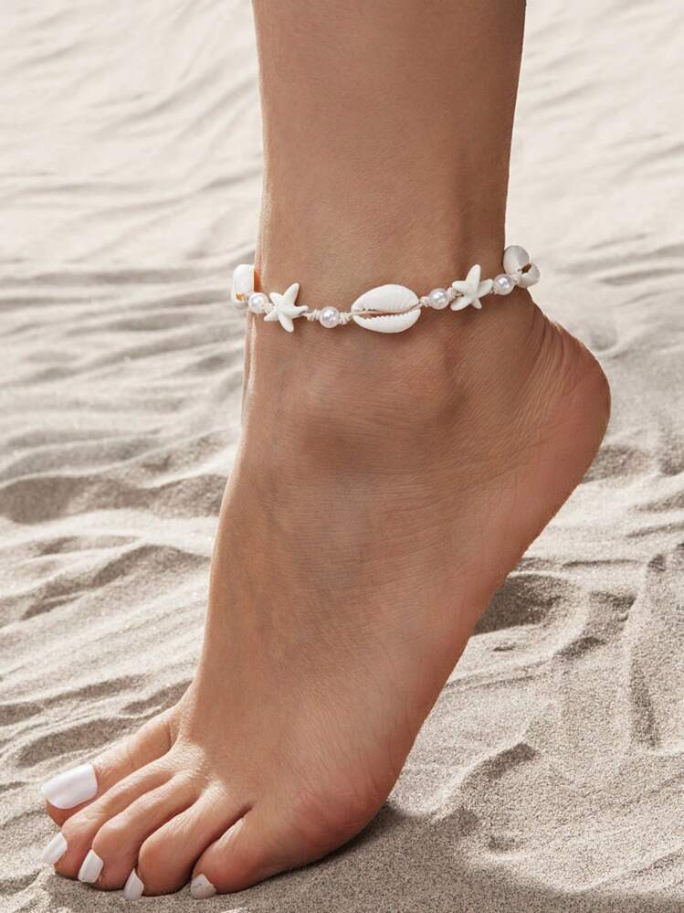 1pc Bohemian Beach Style Turquoise Starfish & Faux Pearl Waterproof Woven Anklet, Suitable For Wo... | SHEIN