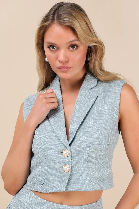 Perfect Company Light Blue Tweed Sleeveless Cropped Blazer | Lulus
