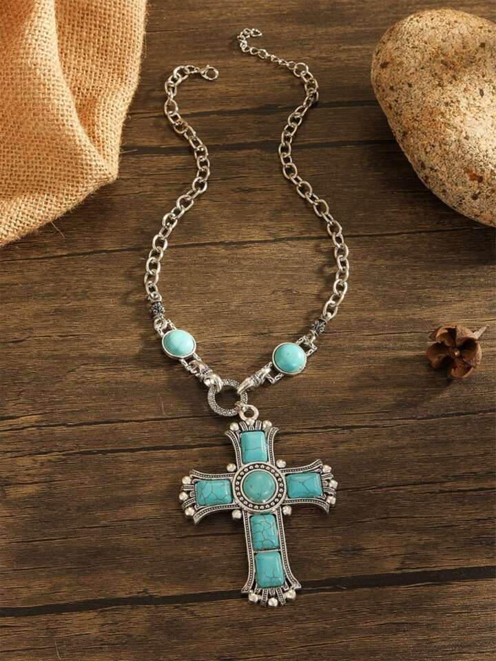 1pc Turquoise Cross Pendant Necklace, Fashion Sweater Necklace, Gift For Friends | SHEIN