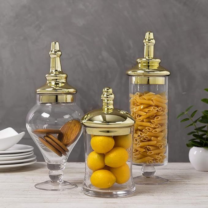 MyGift Set of 3 Antique Apothecary Style Glass Jars with Metallic Brass-Tone Lids | Amazon (US)