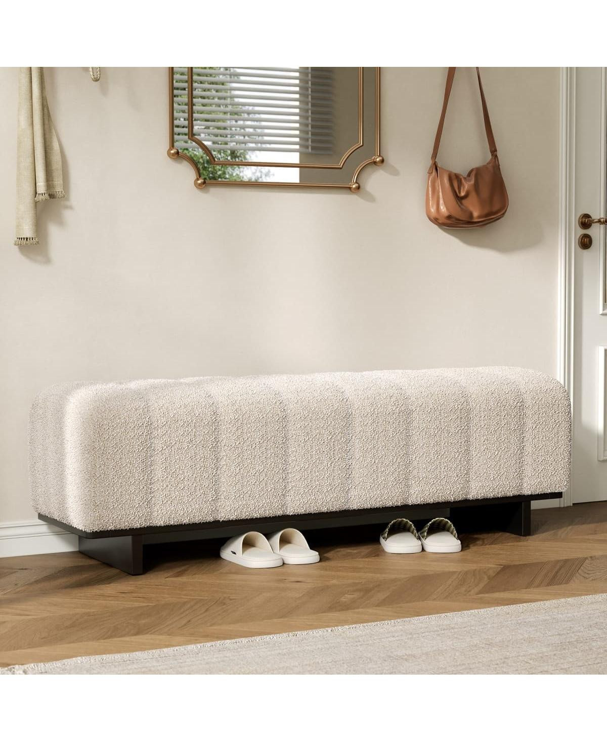 Maison Boucle 63.62" Sherpa Boucle Upholstered Bench, Rubberwood Legs - Beige+ | Macy's