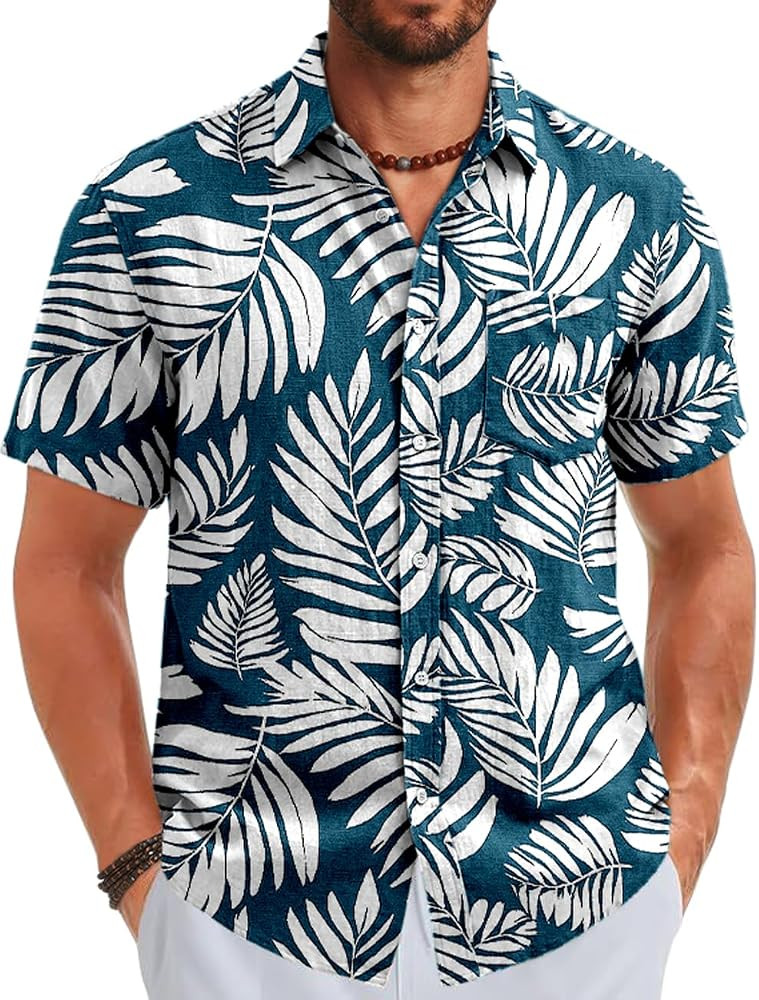 TARSE Men\u2019s Linen Blend Untucked Button Down Shirt Short Sleeve Casual Breathable Beach Vaca... | Amazon (US)