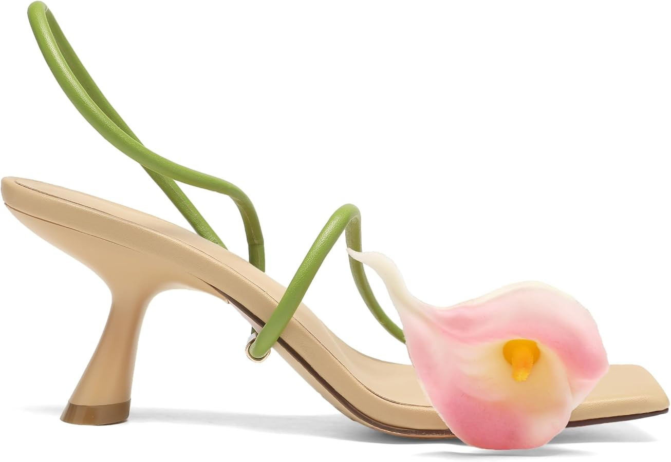 Flower Kitten Heels for Women Open Square Toe Floral Low Kitty Heels Sexy Strappy Wedding Dressy ... | Amazon (US)