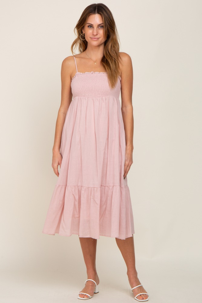 Light Pink Smocked Sleeveless Linen Midi Dress | PinkBlush Maternity