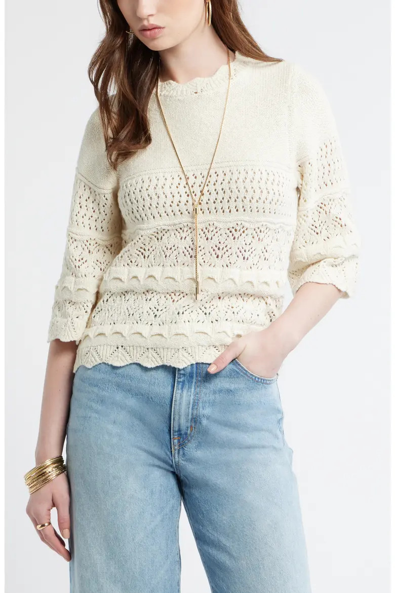 Pointelle Knit Scallop Trim Cotton Sweater (Women) | Nordstrom | Nordstrom