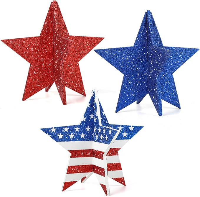 COCHIE 6 Inch Labor Day Decorations Wooden Stars Set, 3D Glitter Star Memorial Day Tiered Tray De... | Amazon (US)