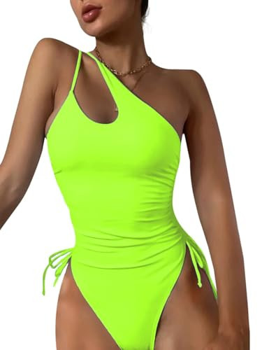Eomenie Women's One Piece One Shoulder Swimsuit with Drawstring Tummy Control Bathing Suit Sexy High Cut Swim Suits Neon Green | Amazon (US)