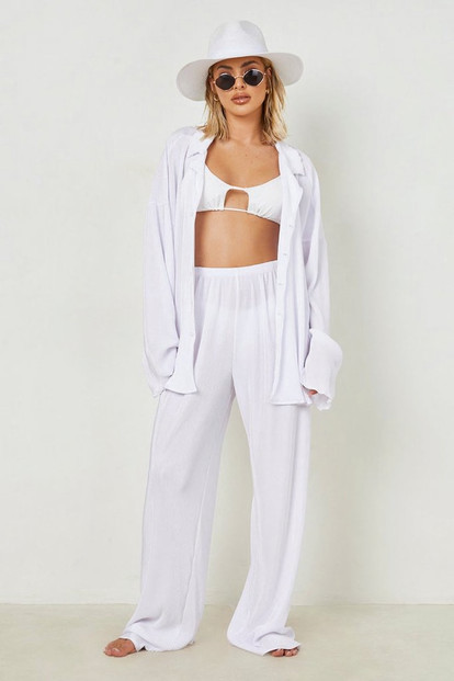 Plisse Wide Leg Beach Trousers | Boohoo.com (UK & IE)