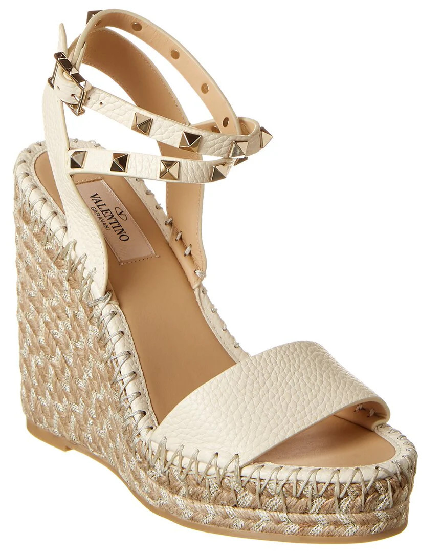 Valentino Rockstud 125 Grainy Leather Wedge Espadrille | Shop Simon