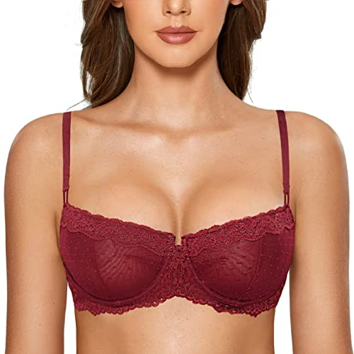 DOBREVA Women's Sexy Lace Bra Underwire Balconette Unlined Demi Sheer Plus Size Dark Red 36A | Amazon (US)