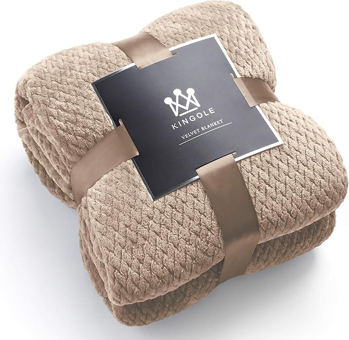 Kingole Flannel Fleece Luxury Throw Blanket, Beige King Size Jacquard Weave Pattern Cozy Couch/Be... | Amazon (US)