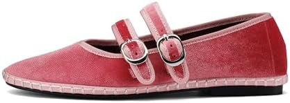 Women's Velvet Mary Jane Ballet Flats Round Toe Comfortable Dress Shoes Elegant Pink Velvet Flats | Amazon (US)