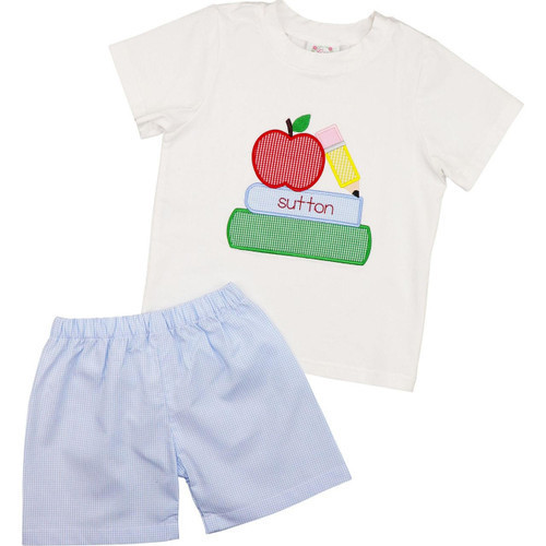 Blue Gingham Books And Apple Applique Short Set | Cecil and Lou