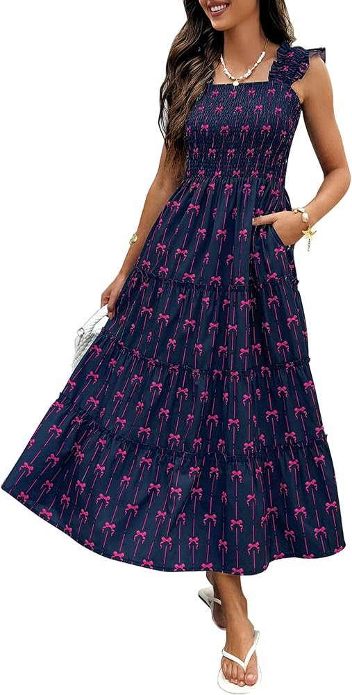 ECOWISH Women's Summer Maxi Dresses - 2026 Sleeveless Square Neck Ruffle Strap Smocked Flowy A Li... | Amazon (US)