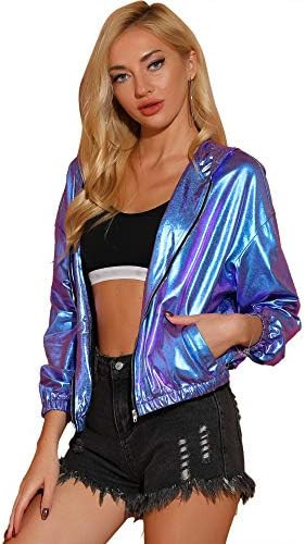 Allegra K Women's Holographic Shiny Long Sleeve Zipper Hooded Metallic Jacket | Amazon (US)